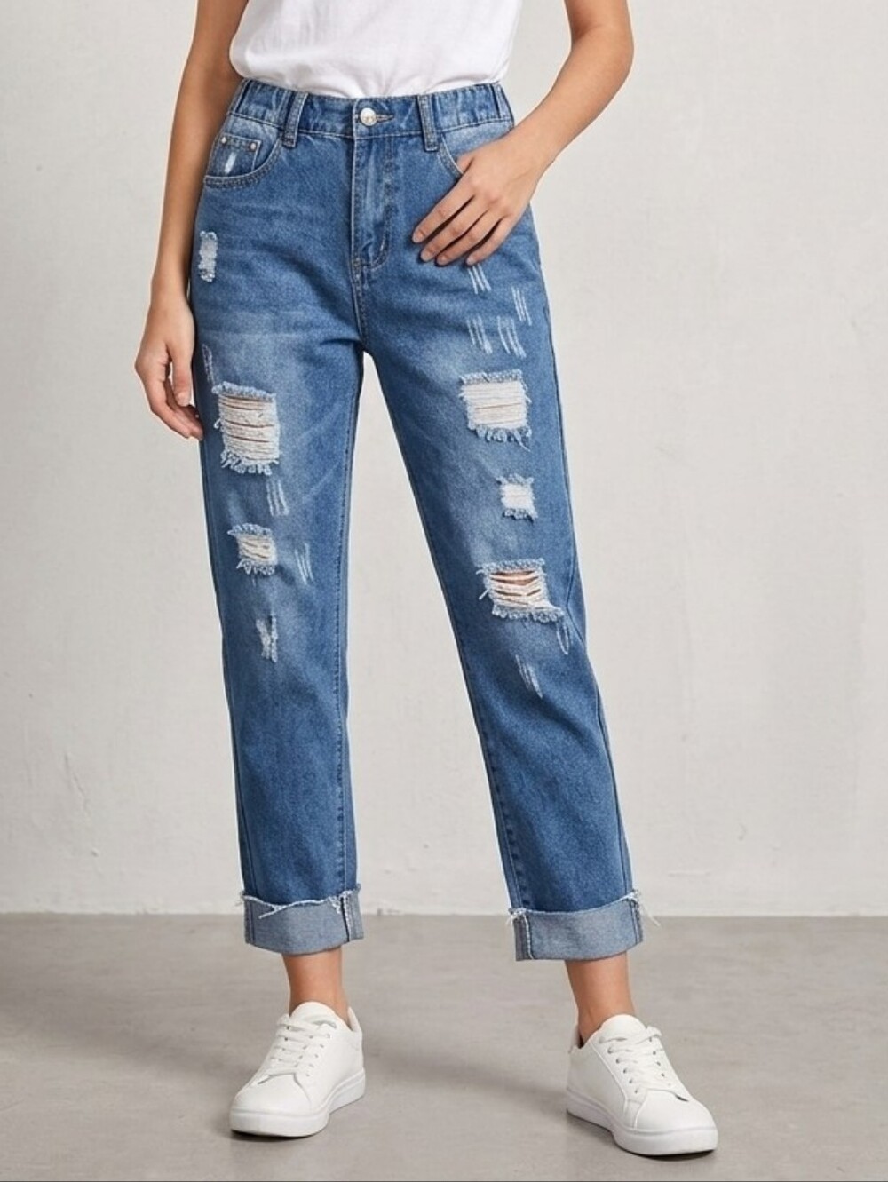 Blue distressed boyfriend jeans cuffed hems relaxed elastic waistband 27/L33/R11